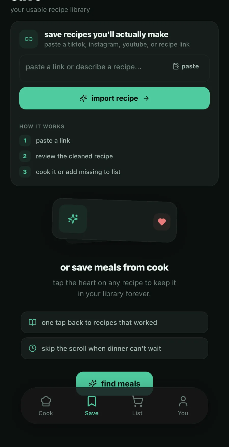 Save tab — paste a link and import a recipe